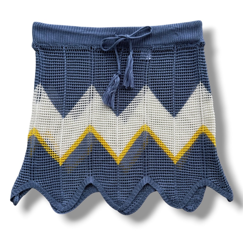 Almost Famous Sz. L Blue Yellow Chevron Drawstring Crochet Mini Skirt Beach Boho